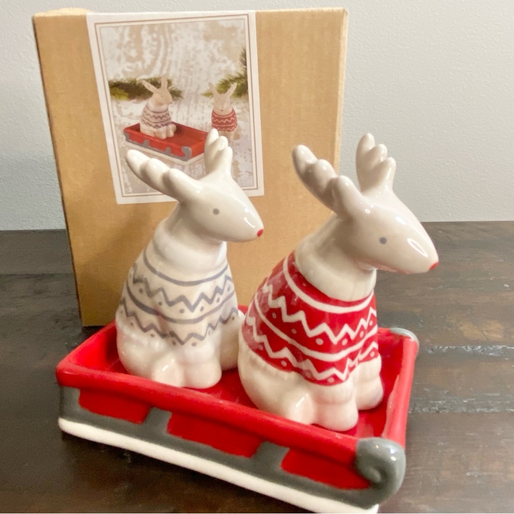 Christmas Reindeer Salt & Pepper Shakers with Sled Tray by Grasslands Road NEW